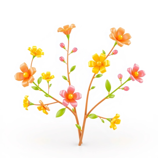 Colorful 3D Flowers Branch Isolated on White