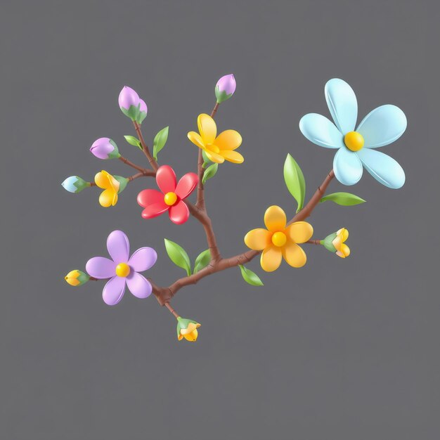 Colorful 3D flowers on a branch with green leaves