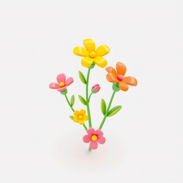 Colorful 3D flowers with green stems and leaves against a white background