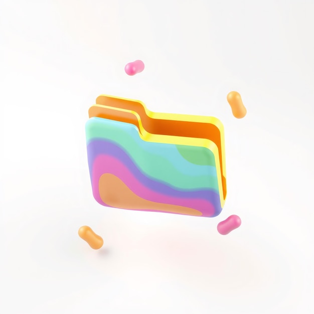 Colorful 3D folder icon with floating shapes