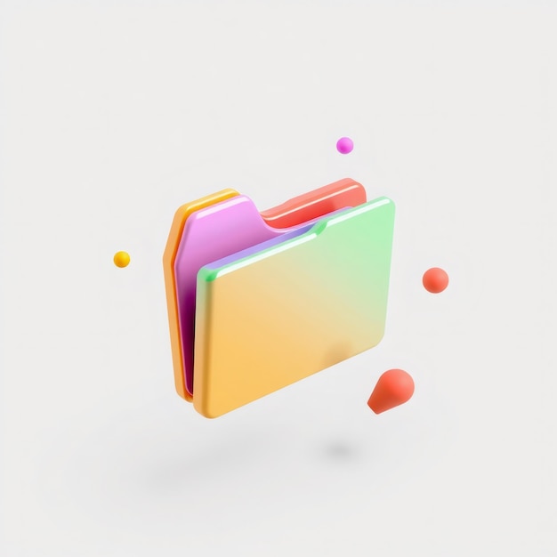 Colorful 3D folder icon with gradient effect and floating spheres on a white background