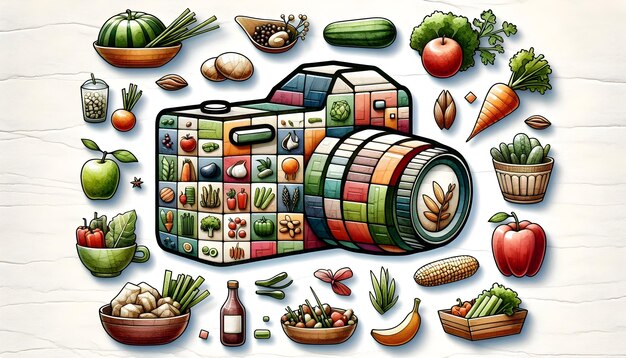 Photo colorful 3d fruit and vegetable watercolor tiles for world food day concept slow zoom on intricate