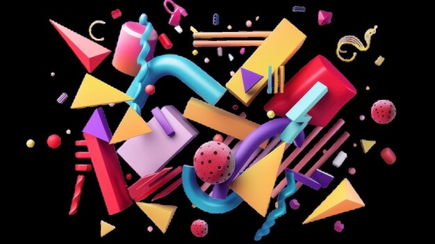 Colorful 3D geometric shapes floating on a black background