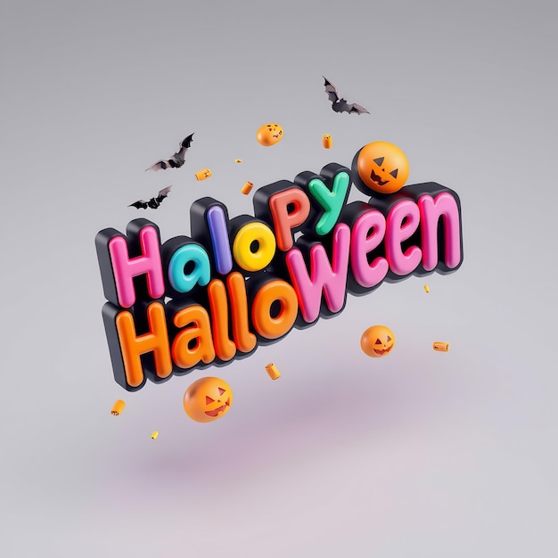 Photo colorful 3d happy halloween text with floating pumpkins and bats