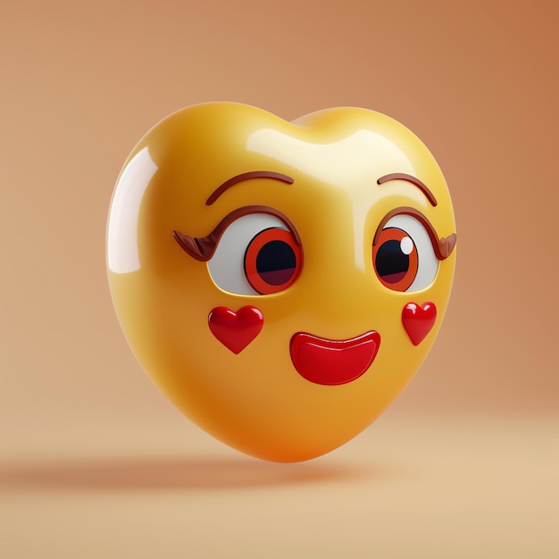 Colorful 3D heart emoji with happy expression and red hearts on cheeks set against a warm gradient