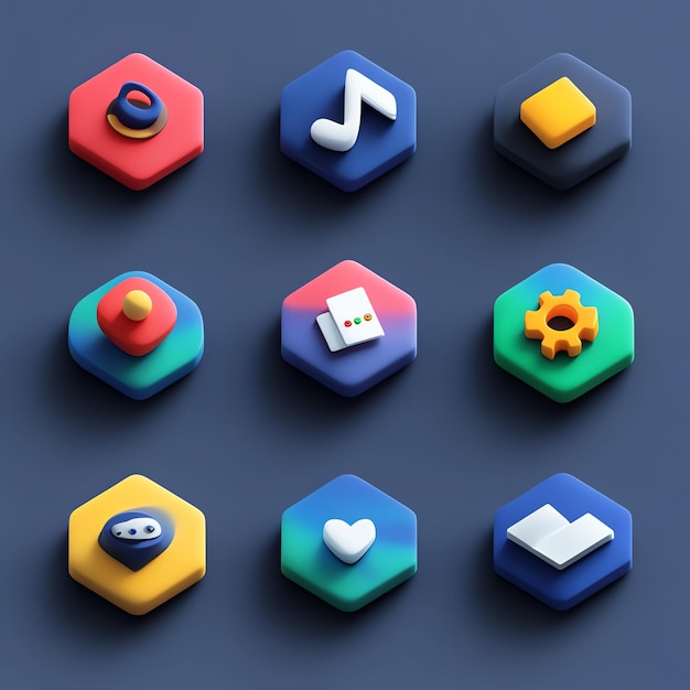 Colorful 3D hexagon icons set with various symbols