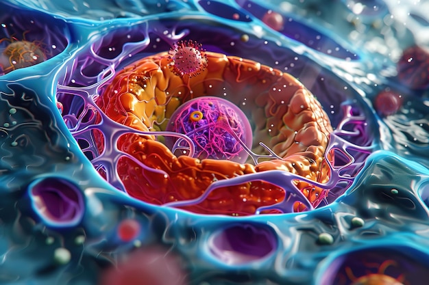 Colorful 3D illustration of a complex cell structure with vivid details