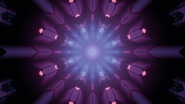 Colorful 3d illustration of endless round shaped dark tunnel with symmetric geometric interior and glowing purple neon illumination as abstract sci fi architecture background