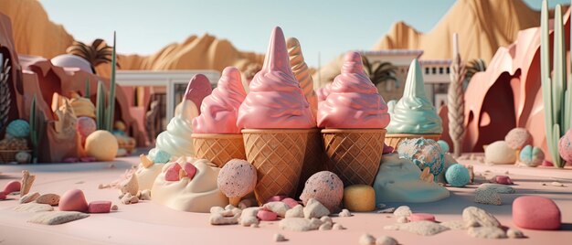 Photo colorful 3d illustration of ice cream treats set against a desert oasis backdrop