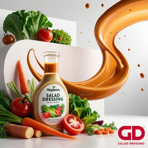 A colorful 3D illustration for a salad dressing advert