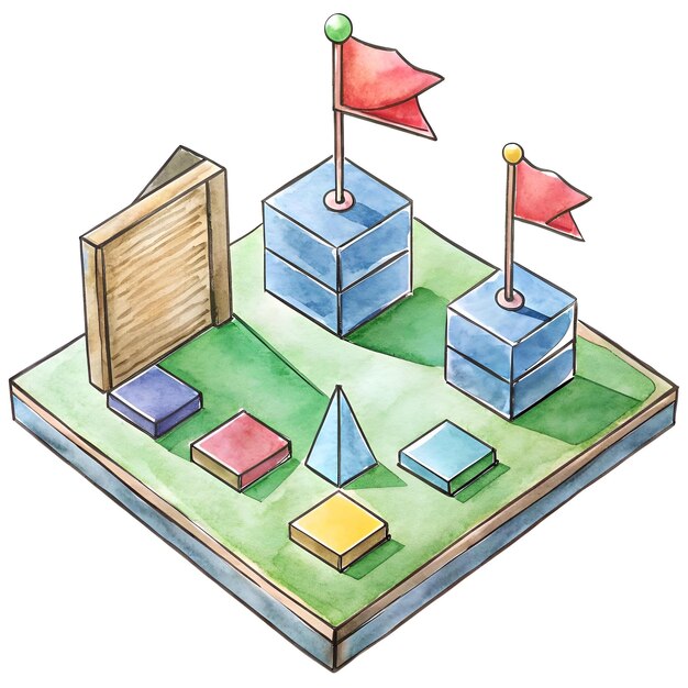 Photo colorful 3d illustration of a strategic planning concept with flags blocks and a pyramid on a green field