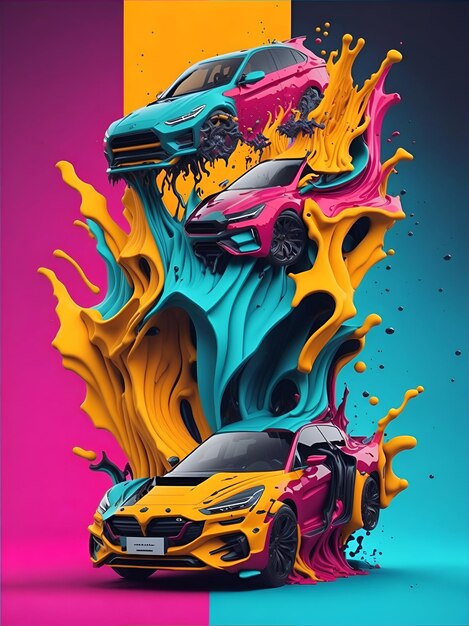 Colorful 3d liquid posters with car shapes