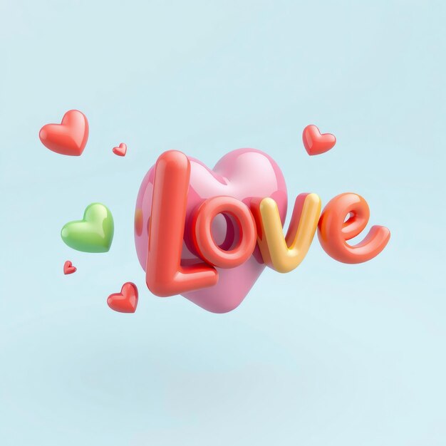 Colorful 3D LOVE text with hearts on blue background