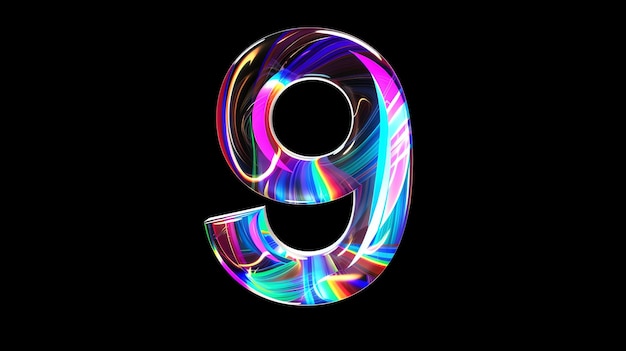 Colorful 3D number 9 with iridescent glass effect on black background