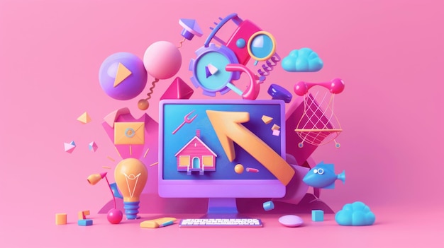 Photo colorful 3d render of a computer with surrounding objects