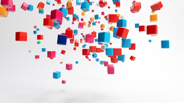 Colorful 3d render falling cubes isolated on white background