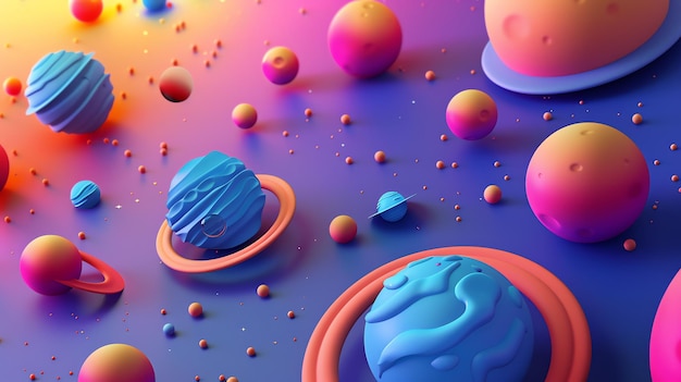 Photo colorful 3d rendered planets with rings in space