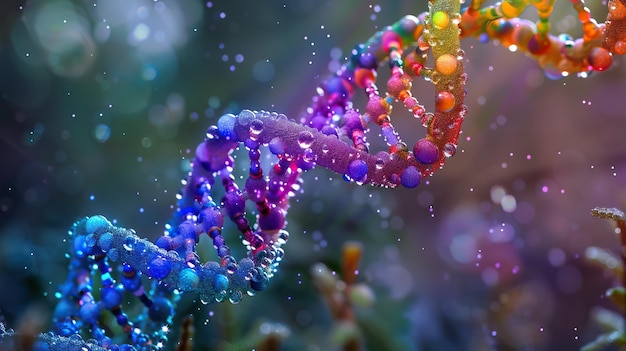 Colorful 3D rendering of a DNA strand illustrating genetic research and biotechnology with vibrant hues and intricate details