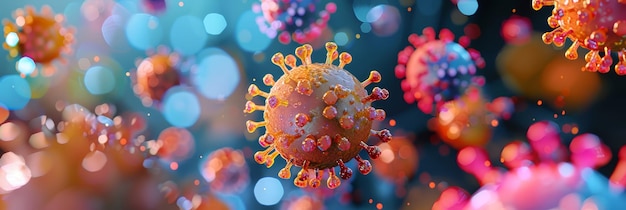 Colorful 3D rendering of viruses in air A vibrant illustration showcases multiple virus particles suspended in a blurred background