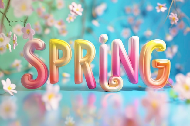 Colorful 3D rendering of the word SPRING surrounded by soft floral blossoms invoking the essence of the season