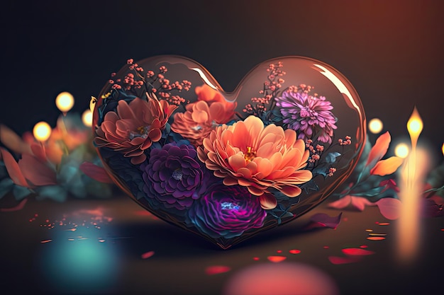 Colorful 3d Valentine Hearts with Flowers Elements and Bokeh Effect