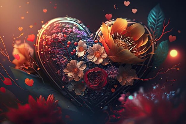 Colorful 3d Valentine Hearts with Flowers Elements and Bokeh Effect