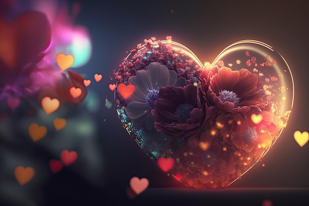 Colorful 3d Valentine Hearts with Flowers Elements and Bokeh Effect