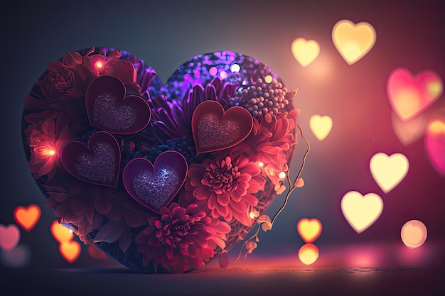 Colorful 3d Valentine Hearts with Flowers Elements and Bokeh Effect