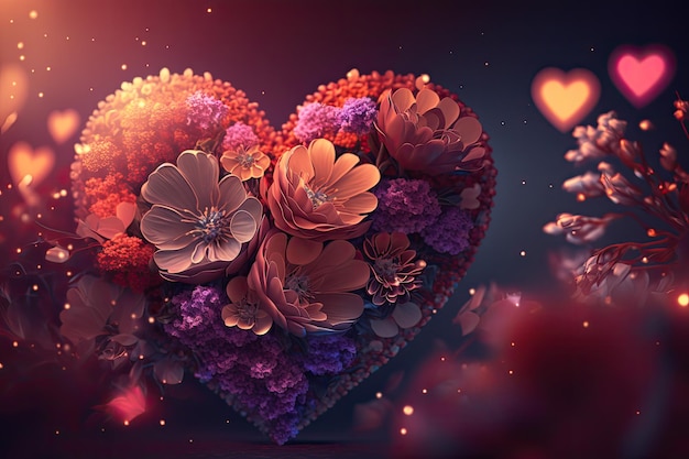 Colorful 3d Valentine Hearts with Flowers Elements and Bokeh Effect