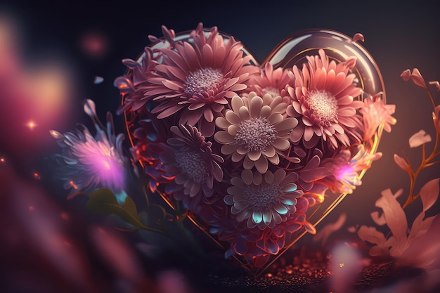 Colorful 3d Valentine Hearts with Flowers Elements and Bokeh Effect