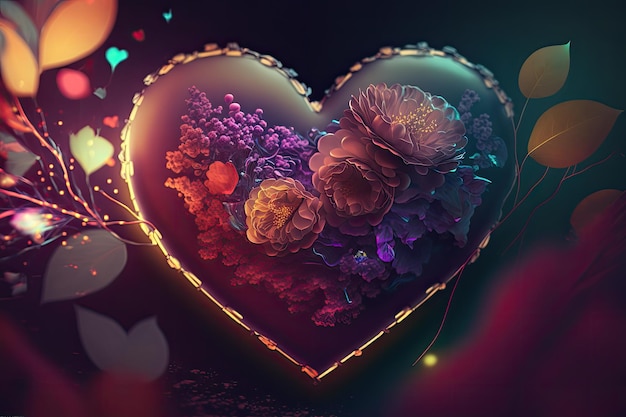 Colorful 3d Valentine Hearts with Flowers Elements and Bokeh Effect