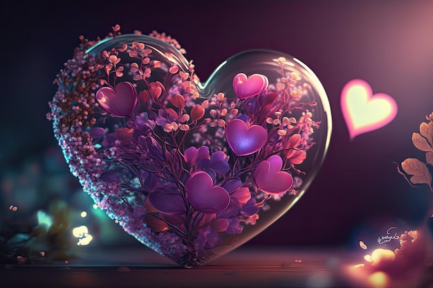 Colorful 3d Valentine Hearts with Flowers Elements and Bokeh Effect