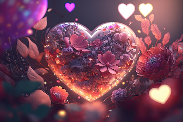 Colorful 3d Valentine Hearts with Flowers Elements and Bokeh Effect