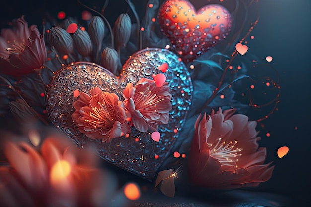 Colorful 3d Valentine Hearts with Flowers Elements and Bokeh Effect