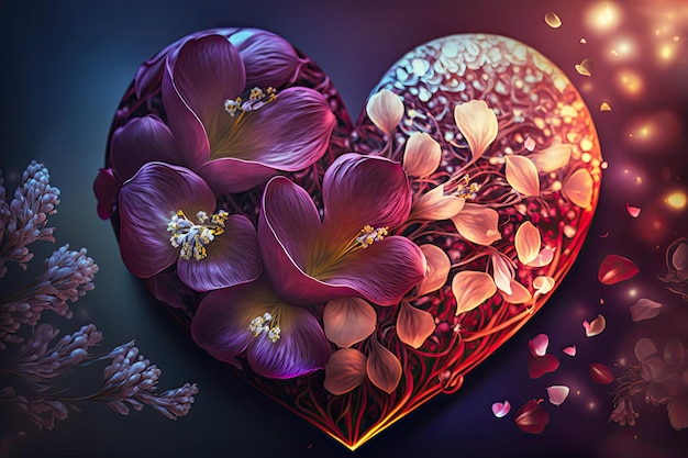 Colorful 3d Valentine Hearts with Flowers Elements and Bokeh Effect