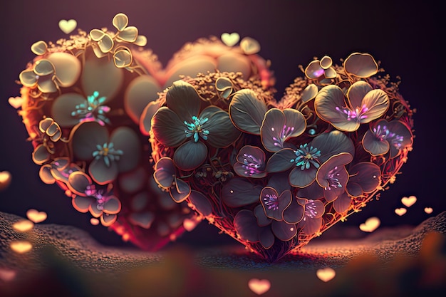 Colorful 3d Valentine Hearts with Flowers Elements and Bokeh Effect