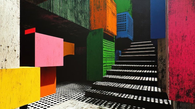 Photo a colorful abstract architectural space with stairs and geometric shapes