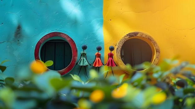 Colorful abstract architecture with round windows amp vibrant walls with three miniature women figur