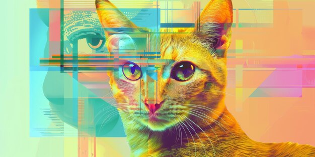 Photo colorful abstract art of cat with geometric overlay