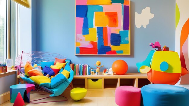 Photo colorful abstract art in playful childrens room with bright decor