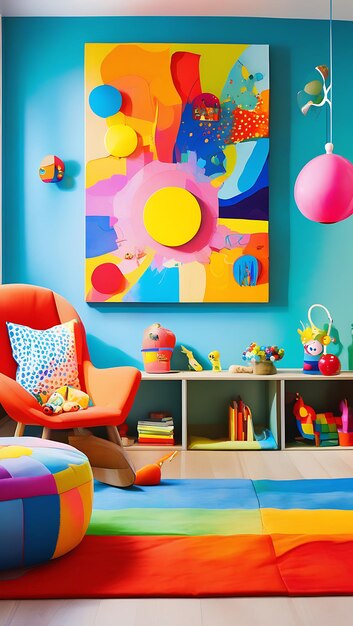 Photo colorful abstract art in playful childrens room with bright decor