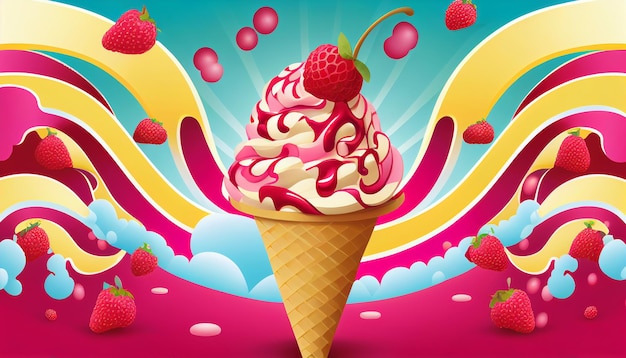 Colorful abstract background poster for ice cream with a strawberry on top