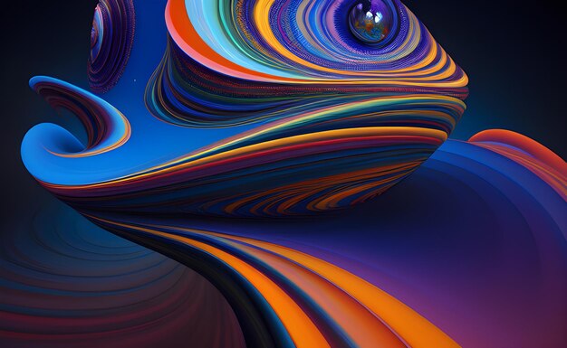 A colorful abstract background with a blue and orange swirls and a white sphere.