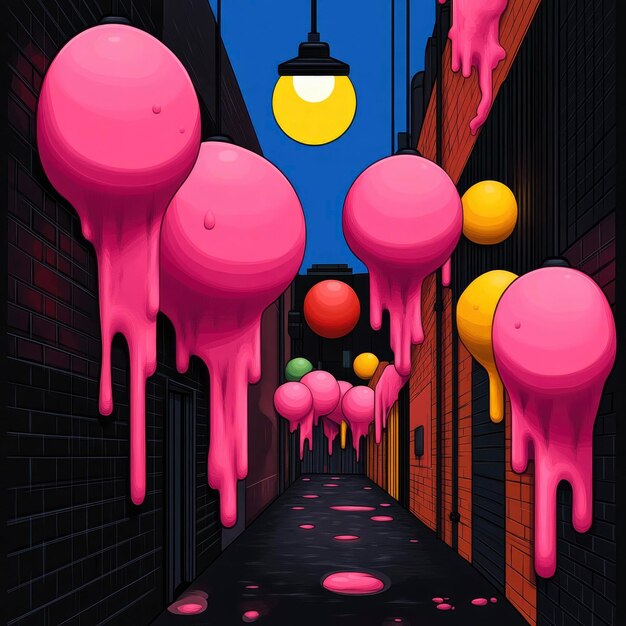 Photo colorful abstract balloons dripping in an alleyway