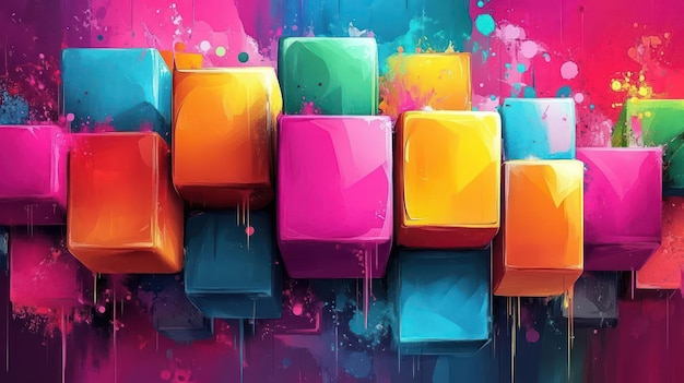 Colorful abstract blocks with a vibrant background and splashes of paint