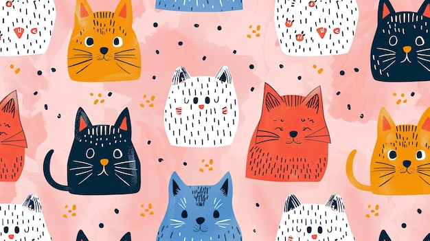 Colorful Abstract Cat Pattern on Pink Background