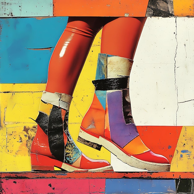 Colorful Abstract Collage with Red Boots on a Multicolored Background