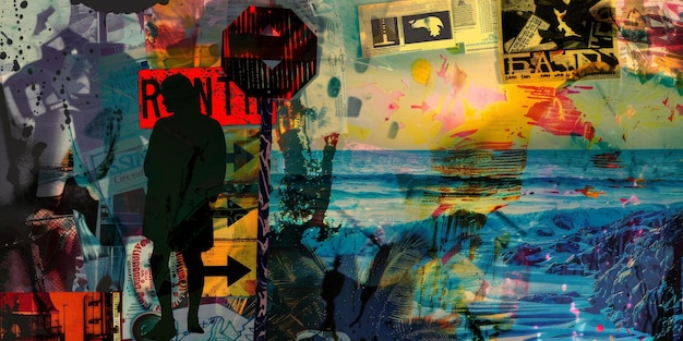 Colorful Abstract Collage with Silhouetted Figure and Surrealist Elements