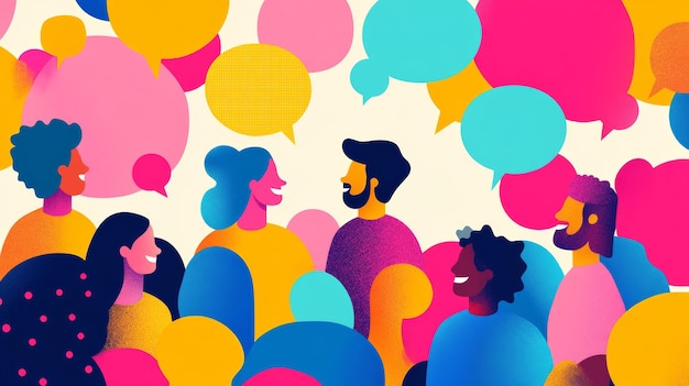 Photo colorful abstract conversation scene with diverse people and speech bubbles highlights communication inclusion and social interaction