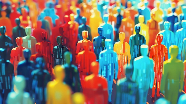 Colorful abstract crowd of people figures A digital art image featuring numerous stylized multicolored people figures